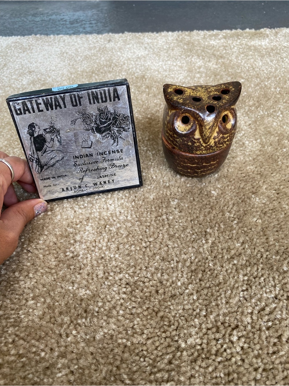 Vintage Indiana Glass Brown Speckled Owl Figurine Incense Holder